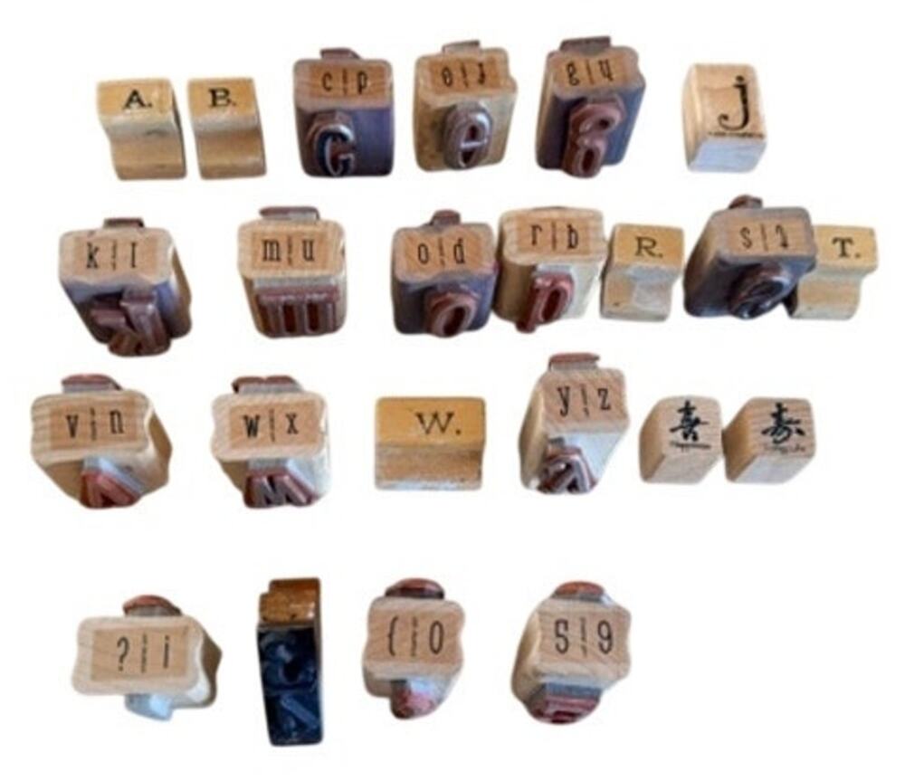 Wooden Rubber Stamp Lot 23 Pc Alphabet Numbers Symbols Crafts
